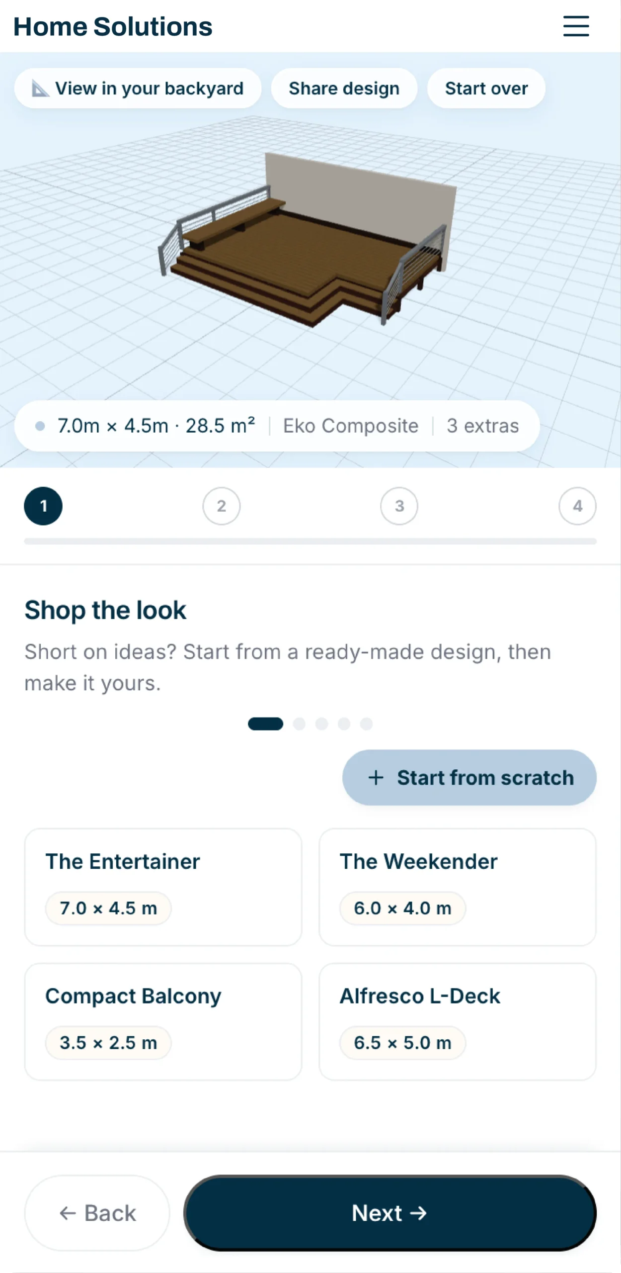 The Deck Builder running on a phone, branded as Home Solutions