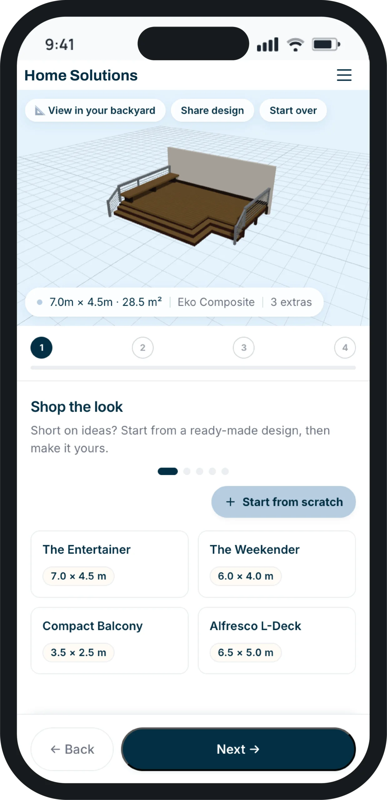 The Deck Builder on a customer's phone, branded as Home Solutions